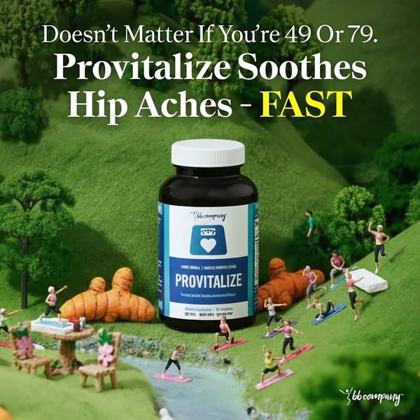A high-concept 1:1 image featuring a Provitalize supplement bottle surrounded by miniature people performing stretches in a lush, stylized landscape.